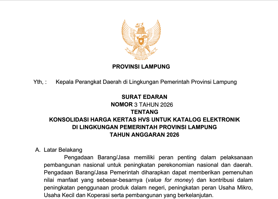 SURAT EDARAN NOMOR 3 TAHUN 2026  TENTANG KONSOLIDASI HARGA KERTAS HVS UNTUK KATALOG ELEKTRONIK DI LINGKUNGAN PEMERINTAH PROVINSI LAMPUNG TAHUN ANGGARAN 2026